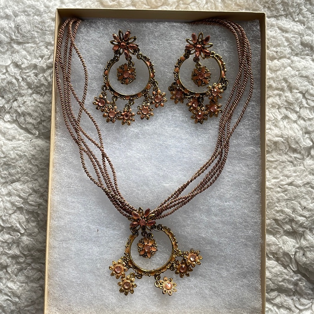 Indian Pakistani Bronze Pink Flower Jewelry Set